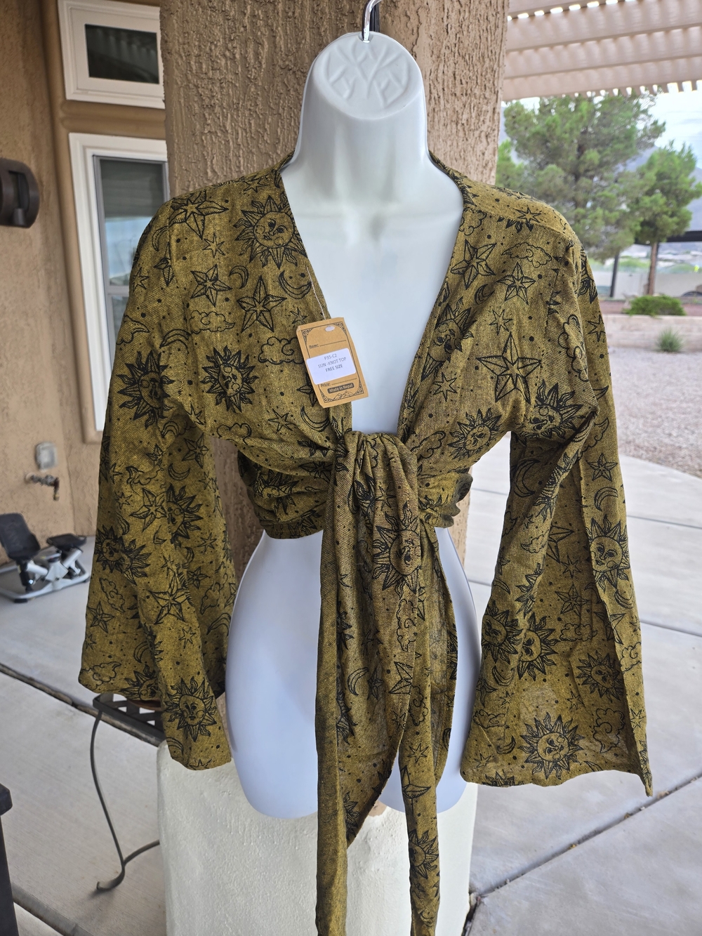 Tie-Front Crop Top in Mustard with Black Celestial Print - Unbranded
